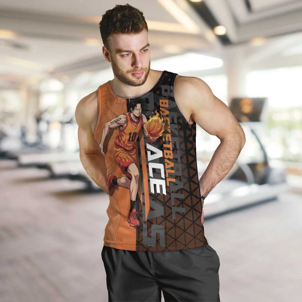 Portgas D Ace One Piece Basketball Theme Orange and Black Design Men Tank Top with Flame Ball and Whitebeard Pirates Emblem - The Mazicc