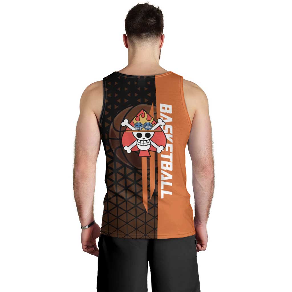 Portgas D Ace One Piece Basketball Theme Orange and Black Design Men Tank Top with Flame Ball and Whitebeard Pirates Emblem - The Mazicc