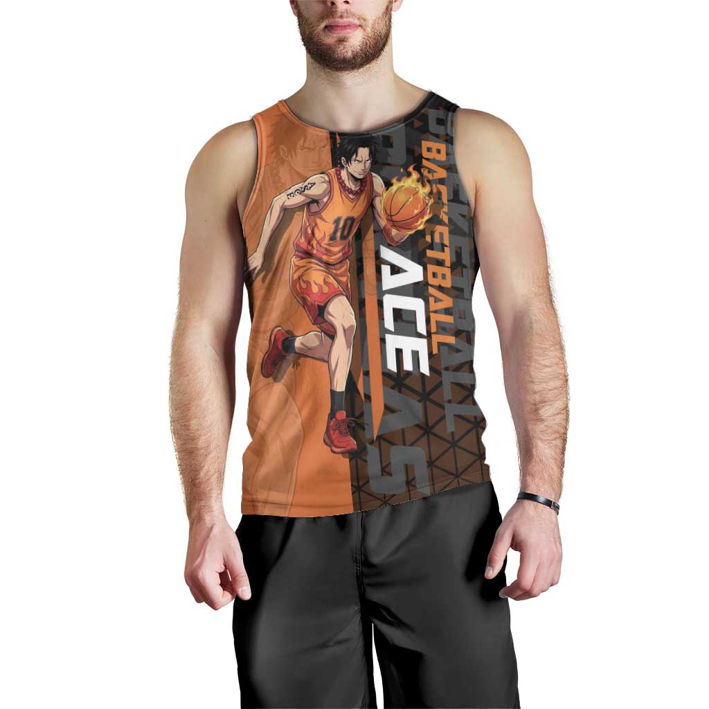 Portgas D Ace One Piece Basketball Theme Orange and Black Design Men Tank Top with Flame Ball and Whitebeard Pirates Emblem - The Mazicc