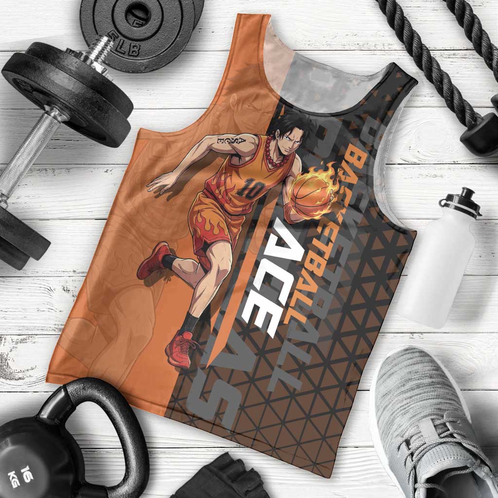 Portgas D Ace One Piece Basketball Theme Orange and Black Design Men Tank Top with Flame Ball and Whitebeard Pirates Emblem - The Mazicc