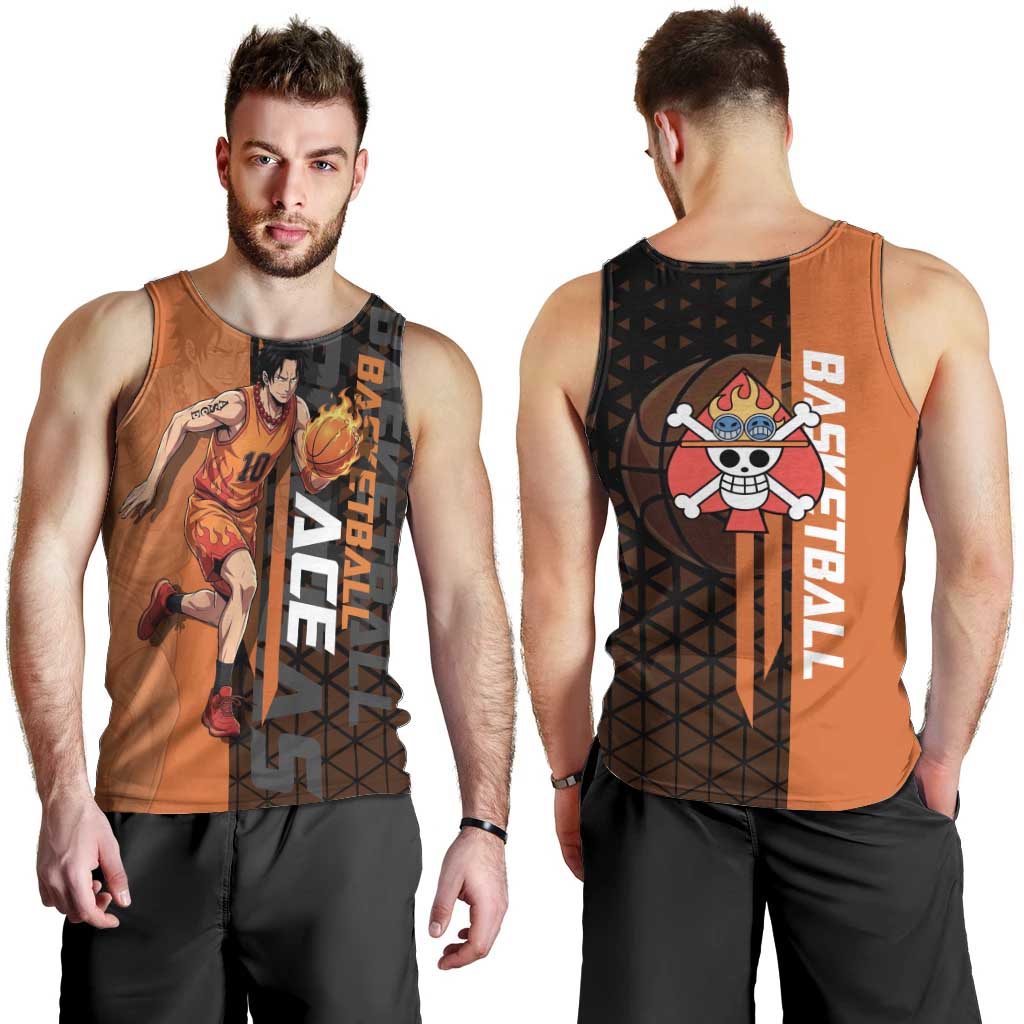 Portgas D Ace One Piece Basketball Theme Orange and Black Design Men Tank Top with Flame Ball and Whitebeard Pirates Emblem - The Mazicc