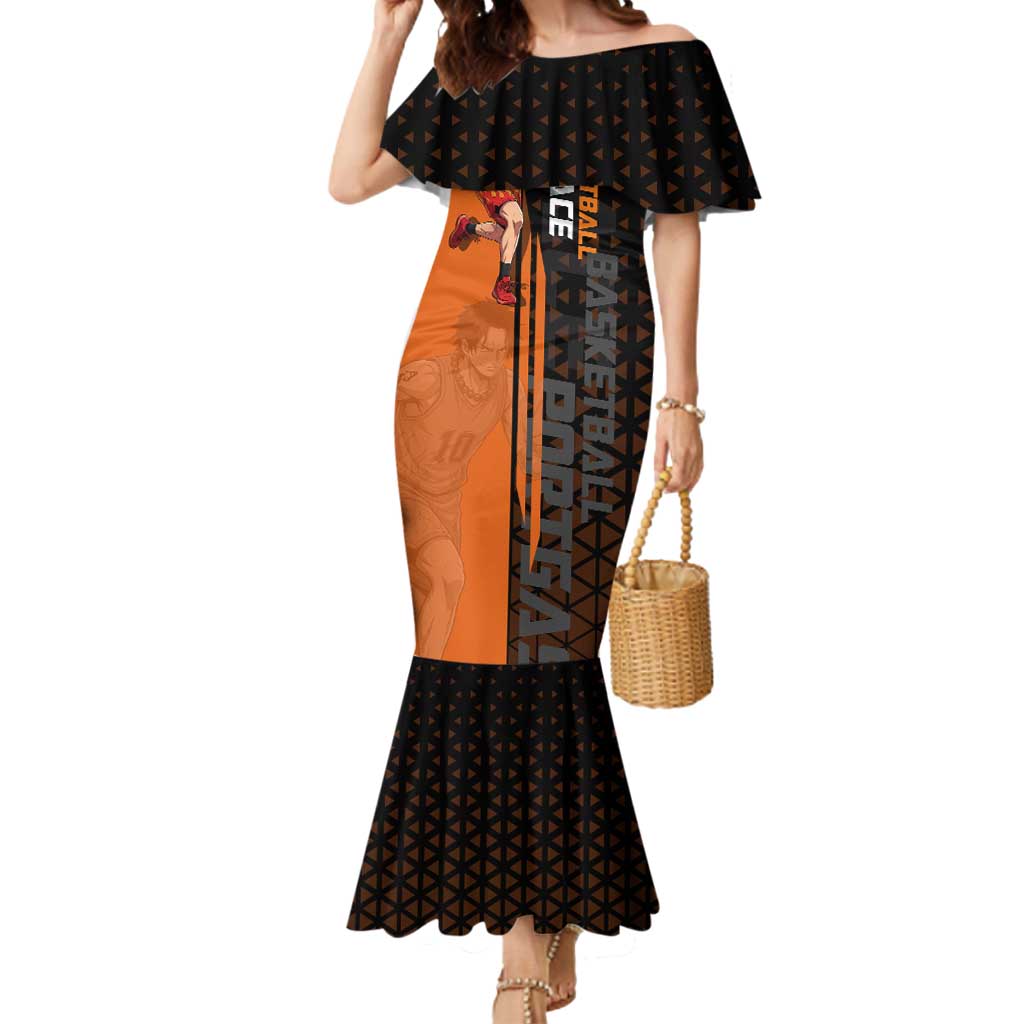 Portgas D Ace One Piece Basketball Theme Orange and Black Design Mermaid Dress with Flame Ball and Whitebeard Pirates Emblem - The Mazicc