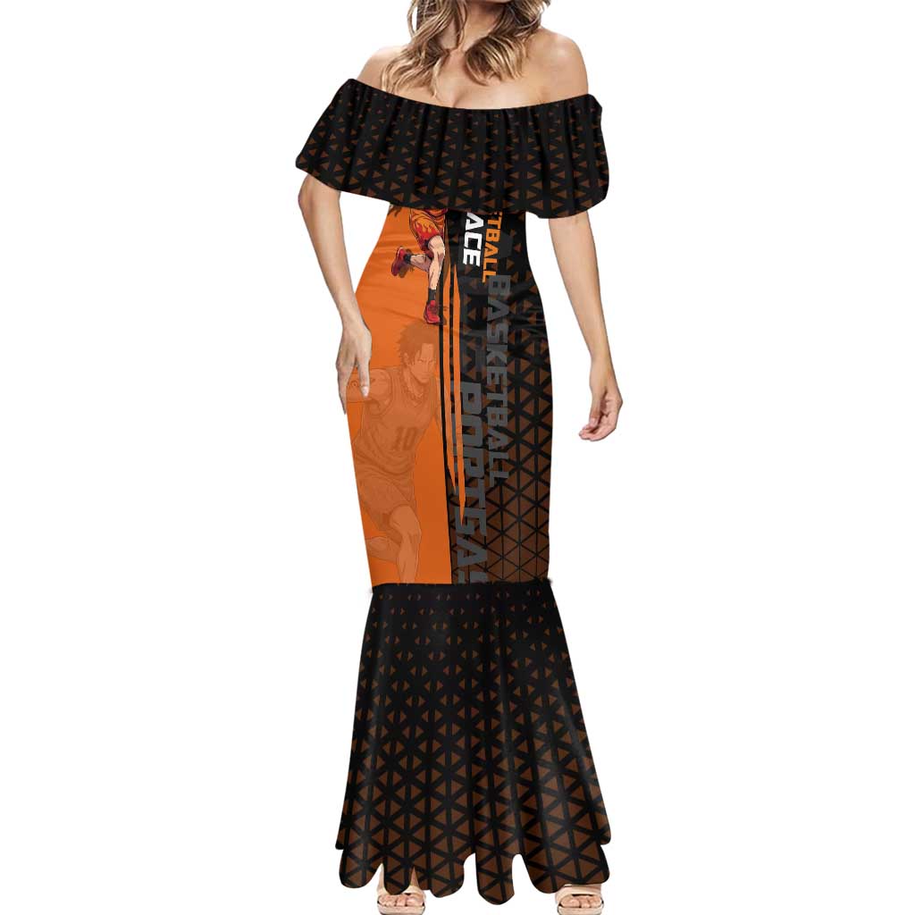 Portgas D Ace One Piece Basketball Theme Orange and Black Design Mermaid Dress with Flame Ball and Whitebeard Pirates Emblem - The Mazicc