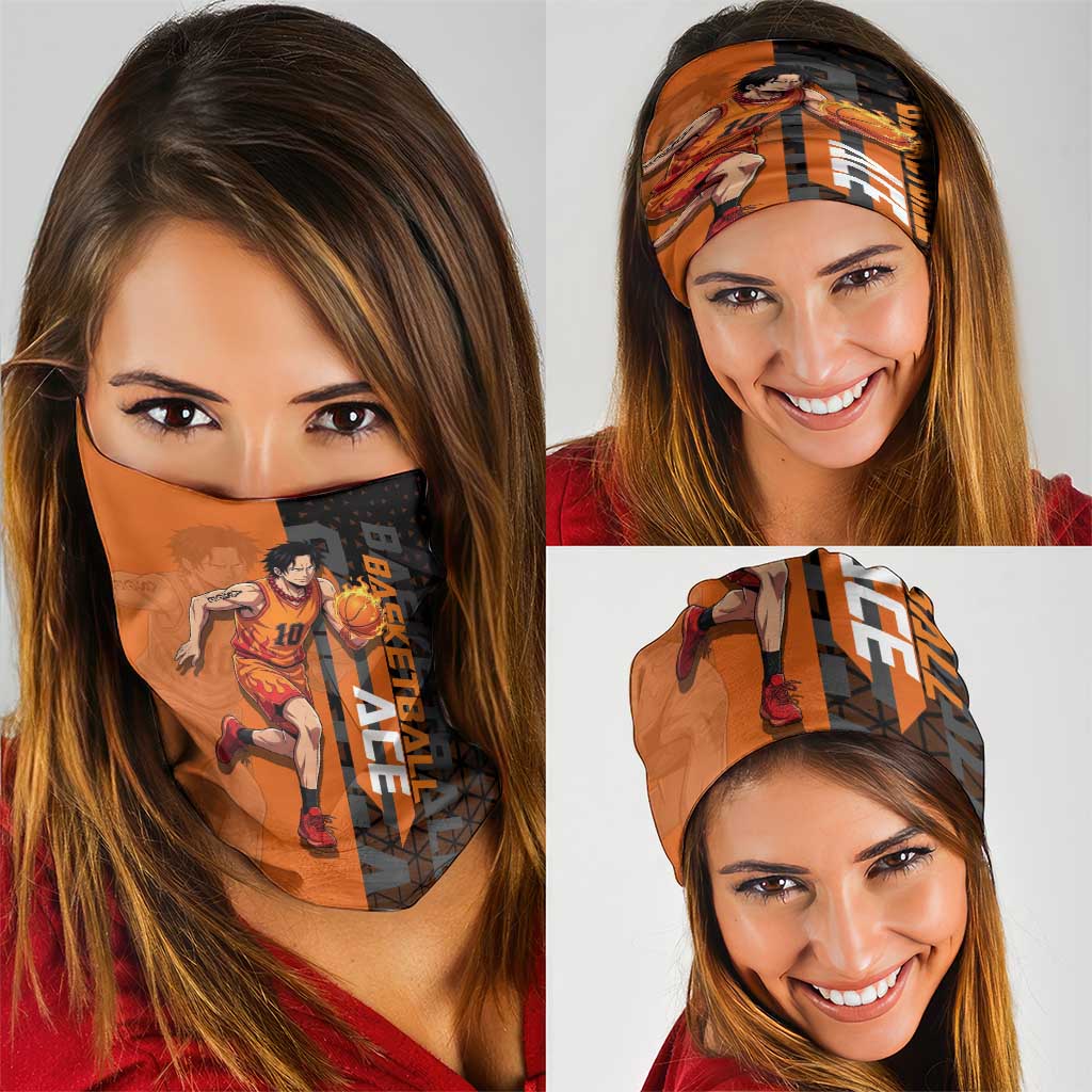 Portgas D Ace One Piece Basketball Theme Orange and Black Design Neck Gaiter with Flame Ball and Whitebeard Pirates Emblem - The Mazicc