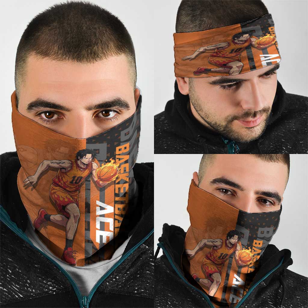 Portgas D Ace One Piece Basketball Theme Orange and Black Design Neck Gaiter with Flame Ball and Whitebeard Pirates Emblem - The Mazicc