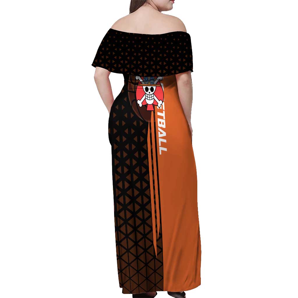 Portgas D Ace One Piece Basketball Theme Orange and Black Design Off Shoulder Maxi Dress with Flame Ball and Whitebeard Pirates Emblem - The Mazicc