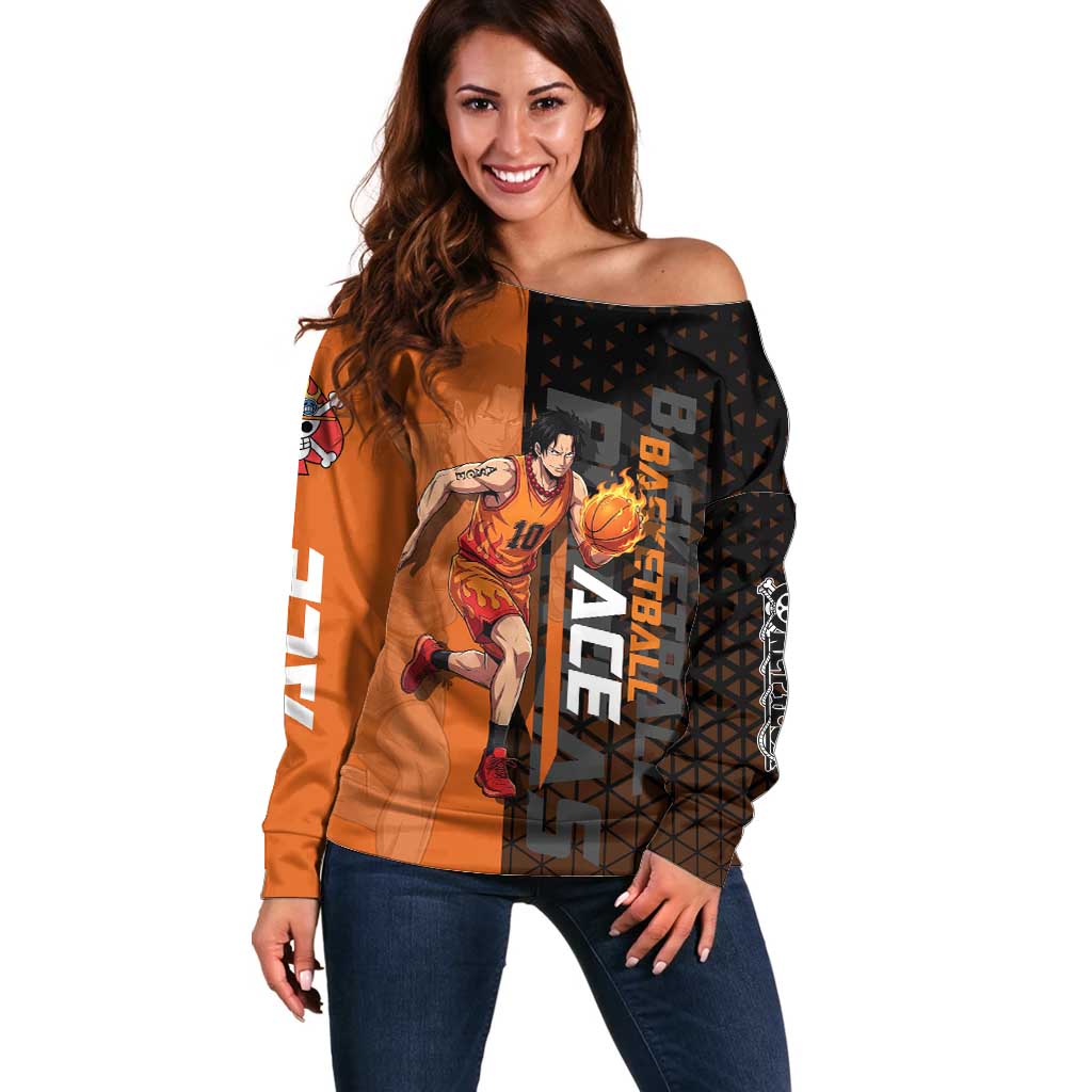 Portgas D Ace One Piece Basketball Theme Orange and Black Design Off Shoulder Sweater with Flame Ball and Whitebeard Pirates Emblem - The Mazicc
