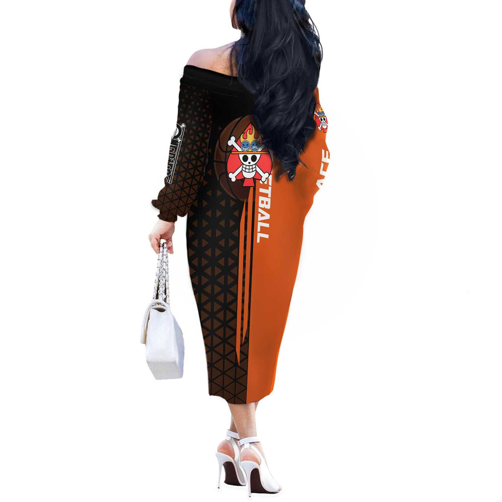 Portgas D Ace One Piece Basketball Theme Orange and Black Design Off The Shoulder Long Sleeve Dress with Flame Ball and Whitebeard Pirates Emblem - The Mazicc
