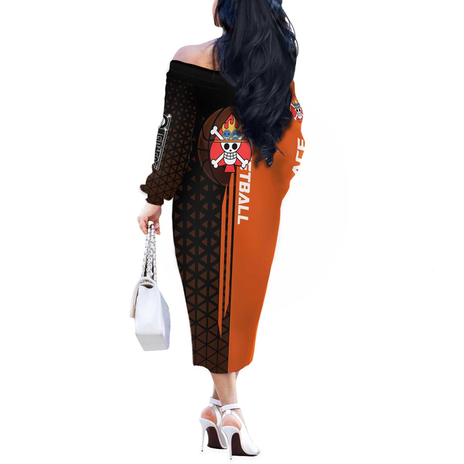 Portgas D Ace One Piece Basketball Theme Orange and Black Design Off The Shoulder Long Sleeve Dress with Flame Ball and Whitebeard Pirates Emblem - The Mazicc