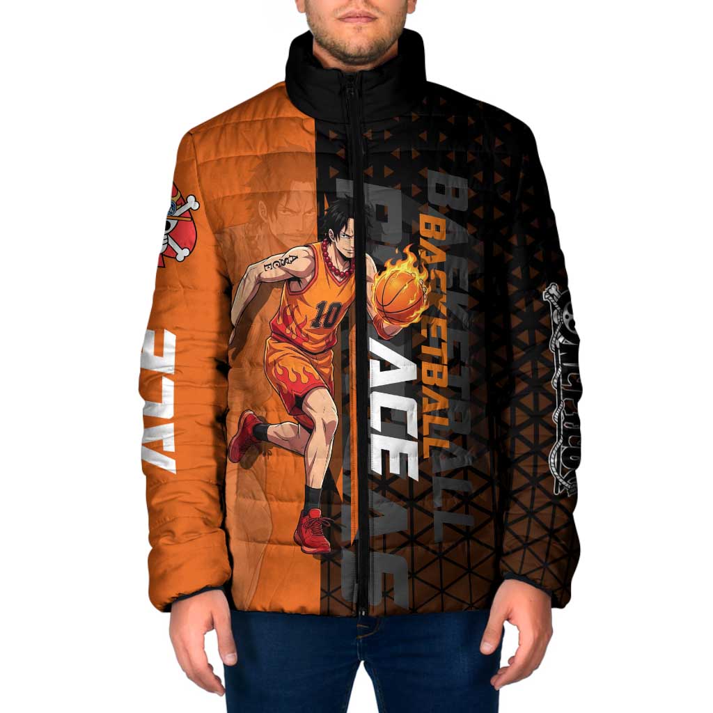 Portgas D Ace One Piece Basketball Theme Orange and Black Design Padded Jacket with Flame Ball and Whitebeard Pirates Emblem - The Mazicc