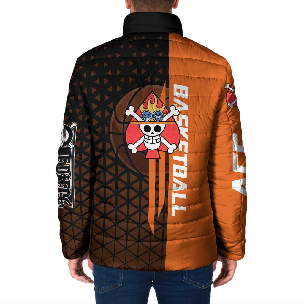 Portgas D Ace One Piece Basketball Theme Orange and Black Design Padded Jacket with Flame Ball and Whitebeard Pirates Emblem - The Mazicc