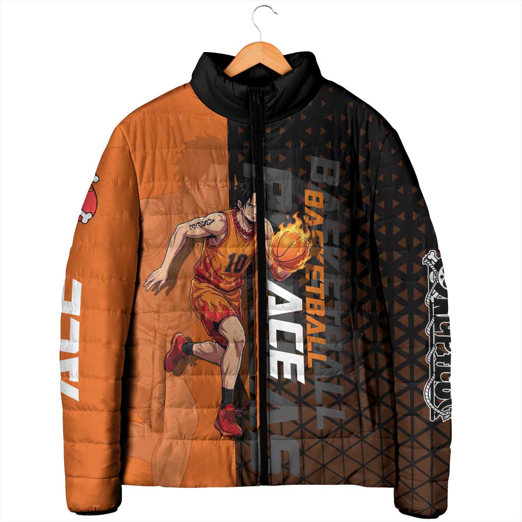 Portgas D Ace One Piece Basketball Theme Orange and Black Design Padded Jacket with Flame Ball and Whitebeard Pirates Emblem - The Mazicc
