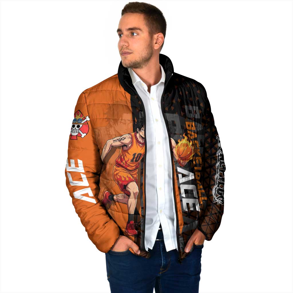 Portgas D Ace One Piece Basketball Theme Orange and Black Design Padded Jacket with Flame Ball and Whitebeard Pirates Emblem - The Mazicc