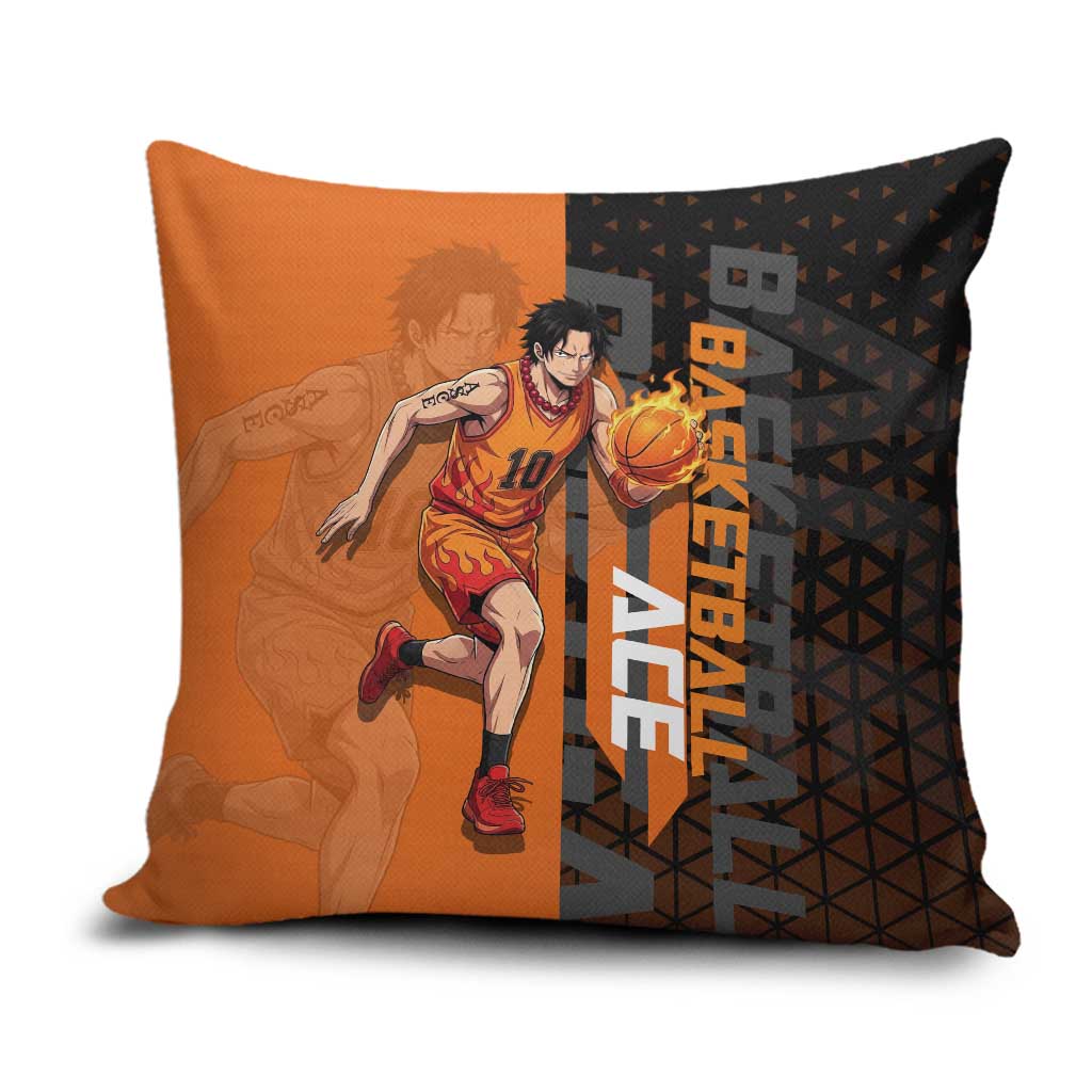 Portgas D Ace One Piece Basketball Theme Orange and Black Design Pillow Cover with Flame Ball and Whitebeard Pirates Emblem - The Mazicc