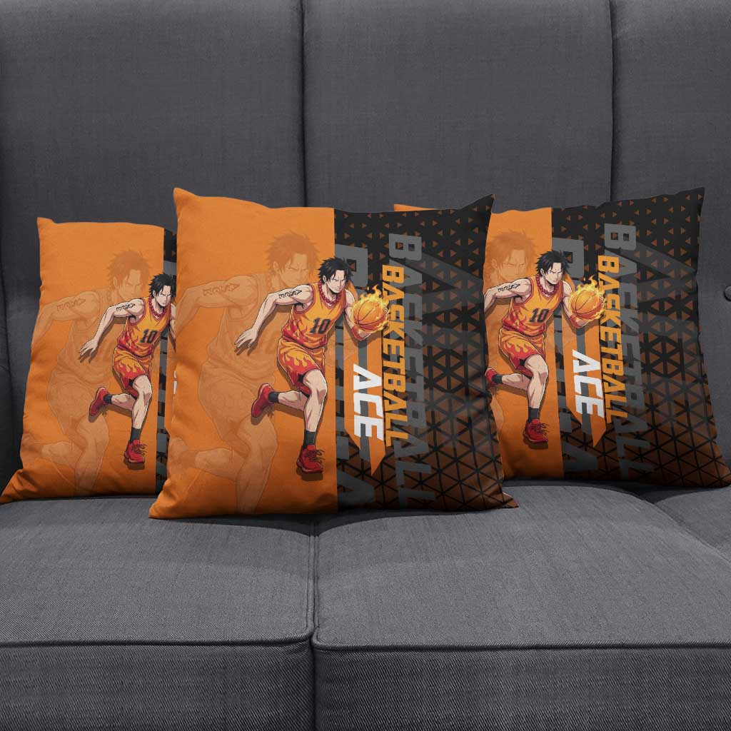 Portgas D Ace One Piece Basketball Theme Orange and Black Design Pillow Cover with Flame Ball and Whitebeard Pirates Emblem - The Mazicc
