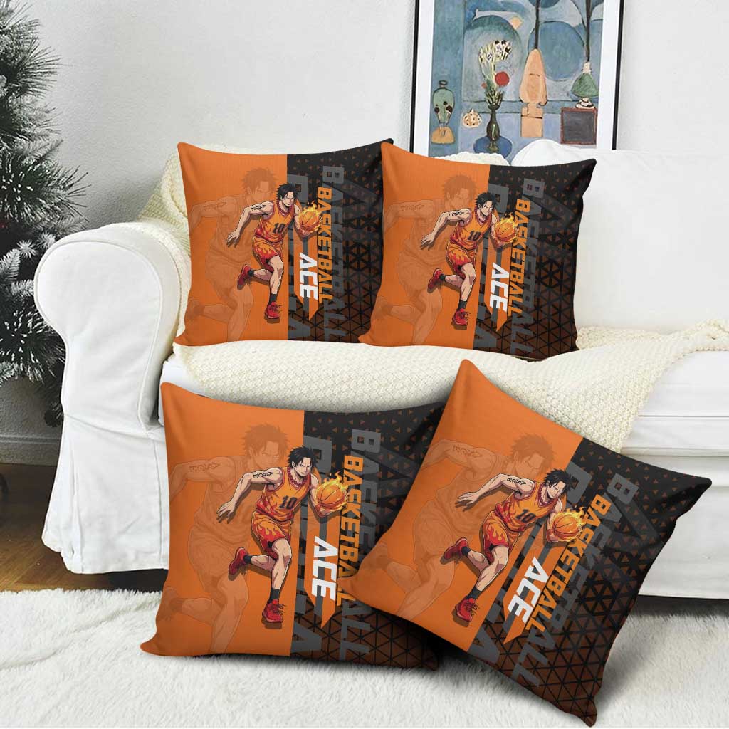 Portgas D Ace One Piece Basketball Theme Orange and Black Design Pillow Cover with Flame Ball and Whitebeard Pirates Emblem - The Mazicc