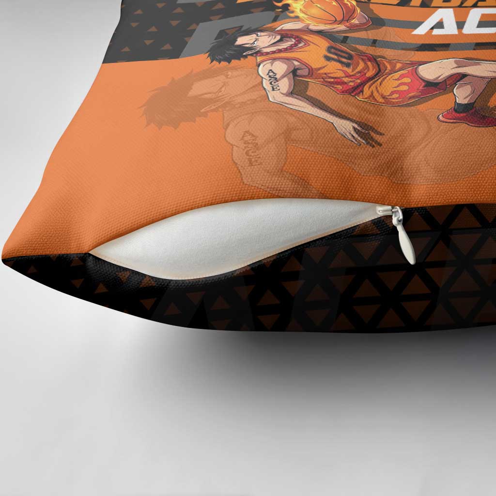 Portgas D Ace One Piece Basketball Theme Orange and Black Design Pillow Cover with Flame Ball and Whitebeard Pirates Emblem - The Mazicc