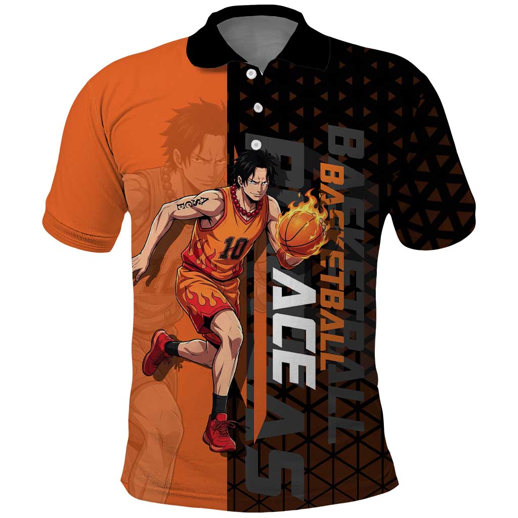 Portgas D Ace One Piece Basketball Theme Orange and Black Design Polo Shirt with Flame Ball and Whitebeard Pirates Emblem - The Mazicc