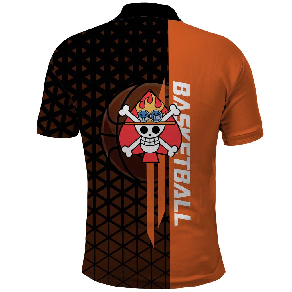 Portgas D Ace One Piece Basketball Theme Orange and Black Design Polo Shirt with Flame Ball and Whitebeard Pirates Emblem - The Mazicc
