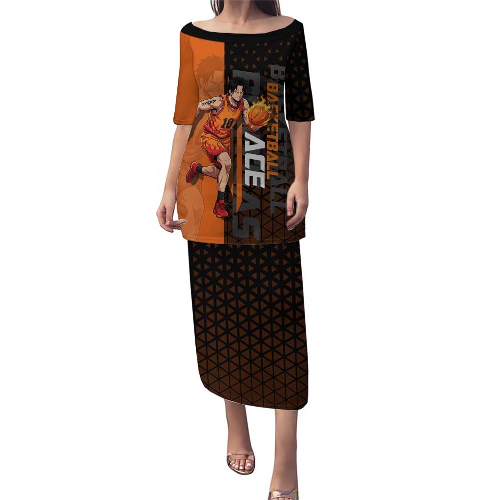 Portgas D Ace One Piece Basketball Theme Orange and Black Design Puletasi with Flame Ball and Whitebeard Pirates Emblem - The Mazicc