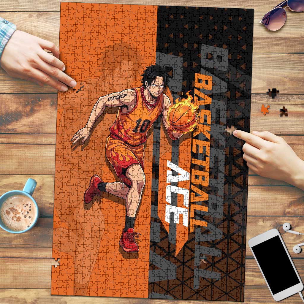 Portgas D Ace One Piece Basketball Theme Orange and Black Design Puzzle with Flame Ball and Whitebeard Pirates Emblem - The Mazicc