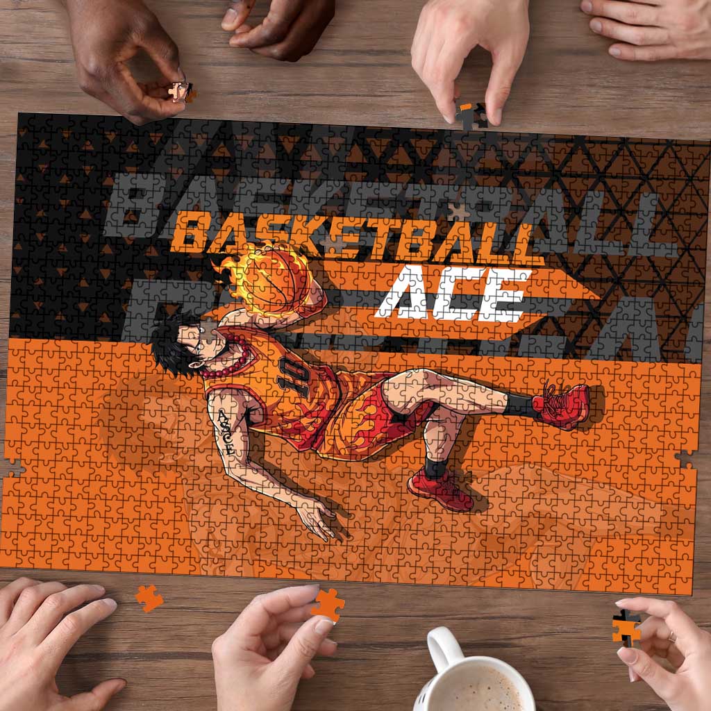 Portgas D Ace One Piece Basketball Theme Orange and Black Design Puzzle with Flame Ball and Whitebeard Pirates Emblem - The Mazicc
