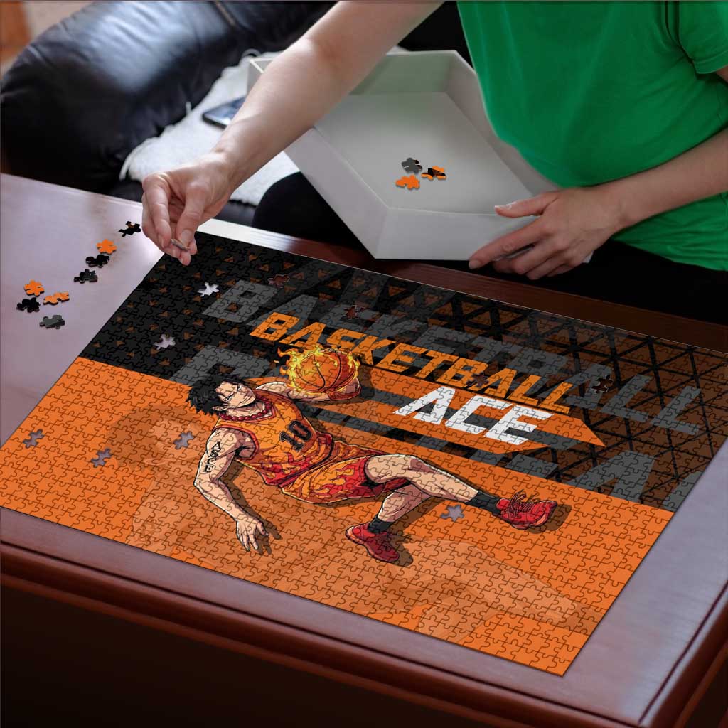 Portgas D Ace One Piece Basketball Theme Orange and Black Design Puzzle with Flame Ball and Whitebeard Pirates Emblem - The Mazicc