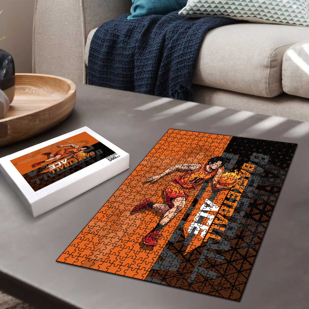 Portgas D Ace One Piece Basketball Theme Orange and Black Design Puzzle with Flame Ball and Whitebeard Pirates Emblem - The Mazicc