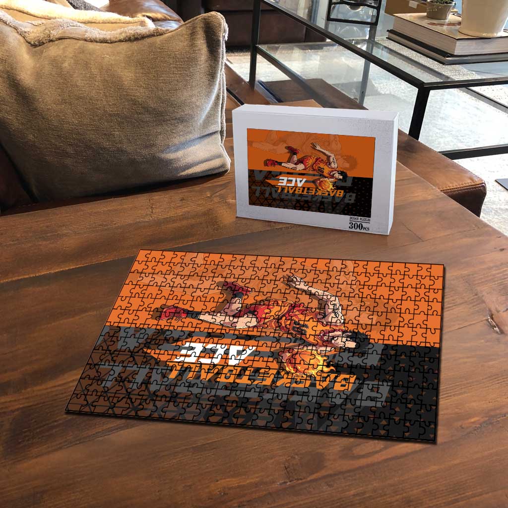 Portgas D Ace One Piece Basketball Theme Orange and Black Design Puzzle with Flame Ball and Whitebeard Pirates Emblem - The Mazicc