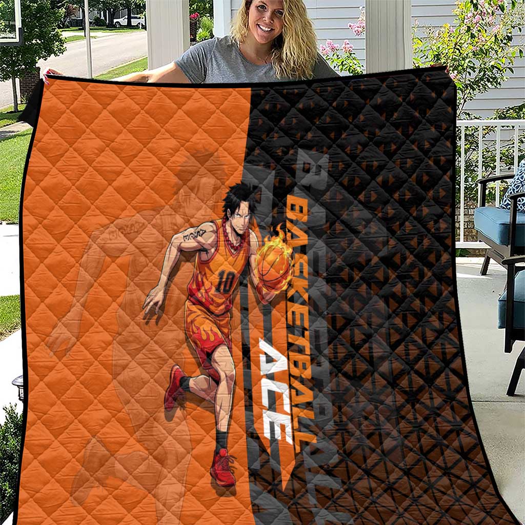 Portgas D Ace One Piece Basketball Theme Orange and Black Design Quilt with Flame Ball and Whitebeard Pirates Emblem - The Mazicc