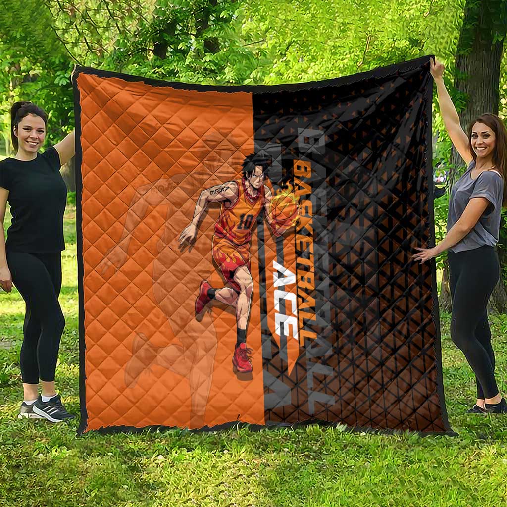Portgas D Ace One Piece Basketball Theme Orange and Black Design Quilt with Flame Ball and Whitebeard Pirates Emblem - The Mazicc