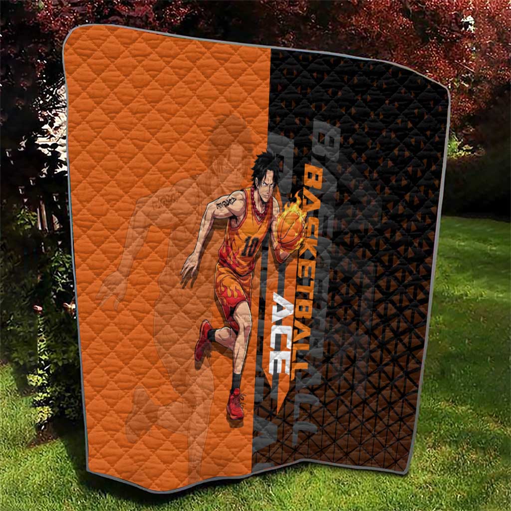 Portgas D Ace One Piece Basketball Theme Orange and Black Design Quilt with Flame Ball and Whitebeard Pirates Emblem - The Mazicc