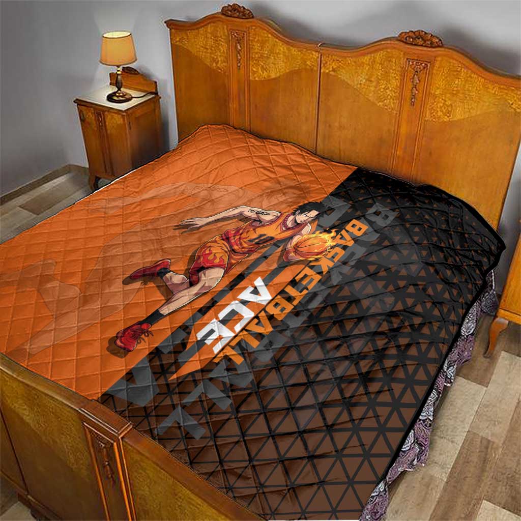 Portgas D Ace One Piece Basketball Theme Orange and Black Design Quilt with Flame Ball and Whitebeard Pirates Emblem - The Mazicc
