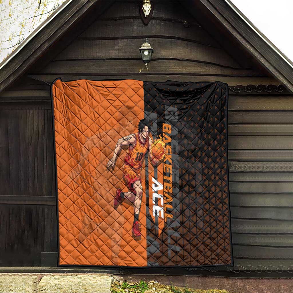 Portgas D Ace One Piece Basketball Theme Orange and Black Design Quilt with Flame Ball and Whitebeard Pirates Emblem - The Mazicc