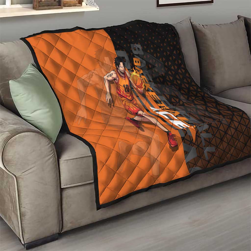 Portgas D Ace One Piece Basketball Theme Orange and Black Design Quilt with Flame Ball and Whitebeard Pirates Emblem - The Mazicc