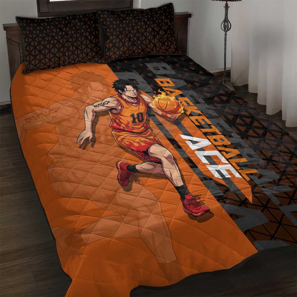 Portgas D Ace One Piece Basketball Theme Orange and Black Design Quilt Bed Set with Flame Ball and Whitebeard Pirates Emblem - The Mazicc