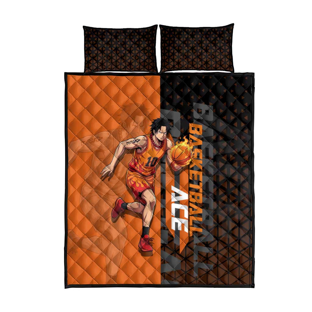Portgas D Ace One Piece Basketball Theme Orange and Black Design Quilt Bed Set with Flame Ball and Whitebeard Pirates Emblem - The Mazicc