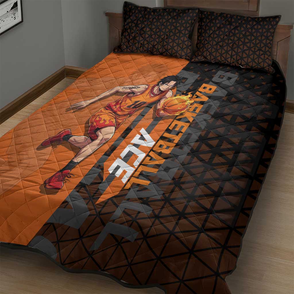 Portgas D Ace One Piece Basketball Theme Orange and Black Design Quilt Bed Set with Flame Ball and Whitebeard Pirates Emblem - The Mazicc