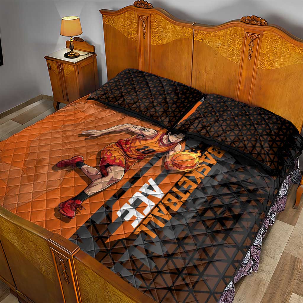 Portgas D Ace One Piece Basketball Theme Orange and Black Design Quilt Bed Set with Flame Ball and Whitebeard Pirates Emblem - The Mazicc