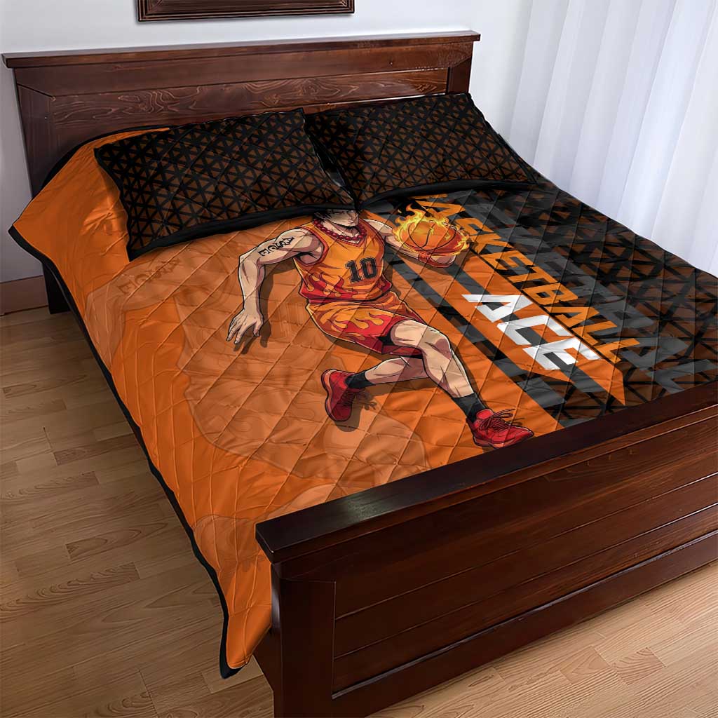 Portgas D Ace One Piece Basketball Theme Orange and Black Design Quilt Bed Set with Flame Ball and Whitebeard Pirates Emblem - The Mazicc
