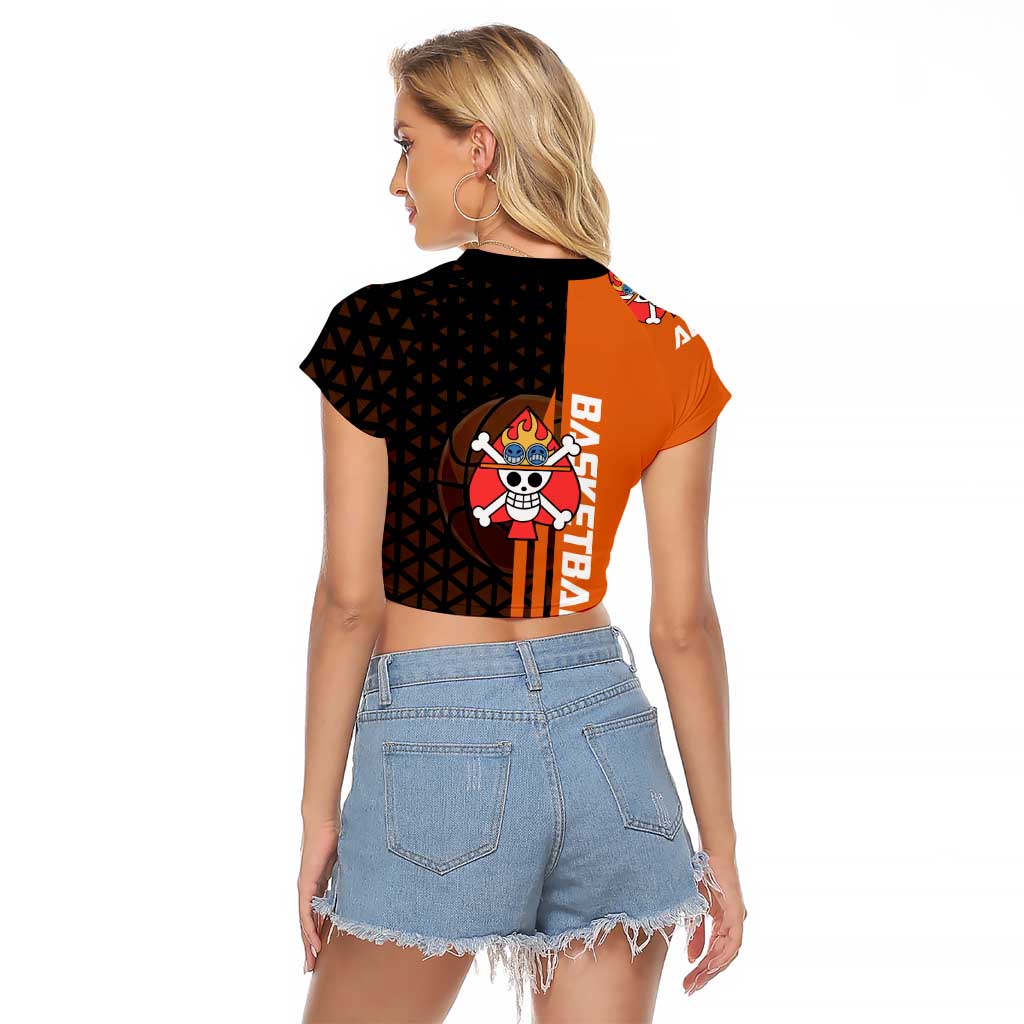 Portgas D Ace One Piece Basketball Theme Orange and Black Design Raglan Cropped T Shirt with Flame Ball and Whitebeard Pirates Emblem - The Mazicc