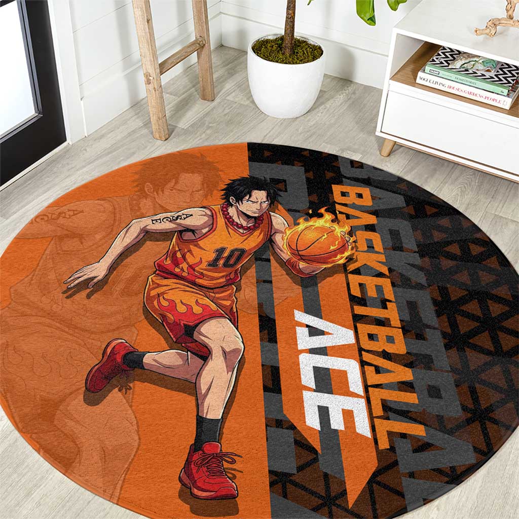 Portgas D Ace One Piece Basketball Theme Orange and Black Design Round Carpet with Flame Ball and Whitebeard Pirates Emblem - The Mazicc
