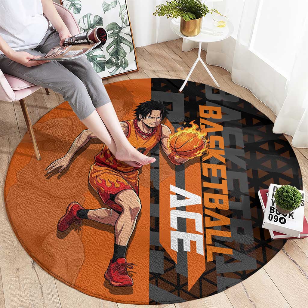 Portgas D Ace One Piece Basketball Theme Orange and Black Design Round Carpet with Flame Ball and Whitebeard Pirates Emblem - The Mazicc