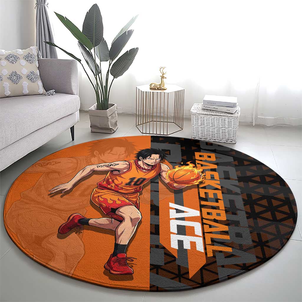 Portgas D Ace One Piece Basketball Theme Orange and Black Design Round Carpet with Flame Ball and Whitebeard Pirates Emblem - The Mazicc