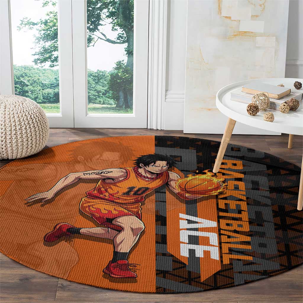 Portgas D Ace One Piece Basketball Theme Orange and Black Design Round Carpet with Flame Ball and Whitebeard Pirates Emblem - The Mazicc