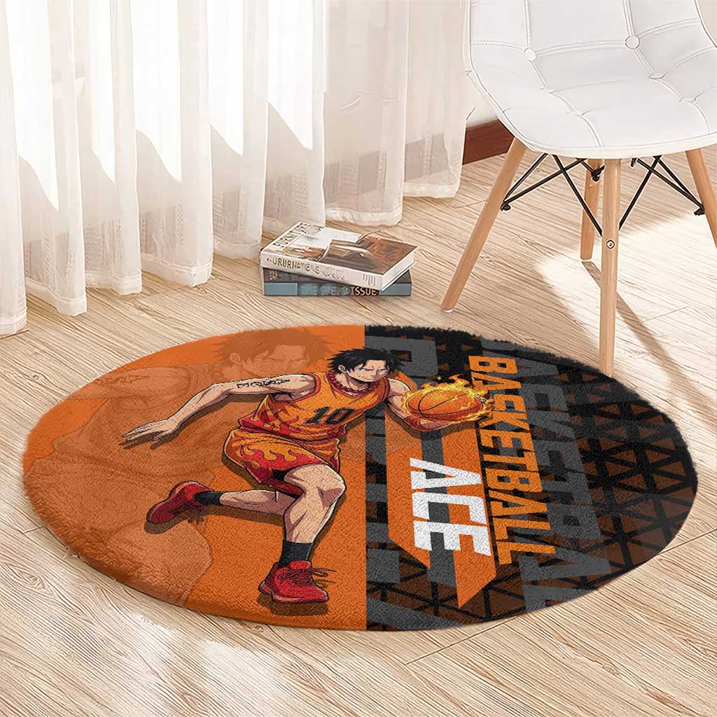 Portgas D Ace One Piece Basketball Theme Orange and Black Design Round Carpet with Flame Ball and Whitebeard Pirates Emblem - The Mazicc
