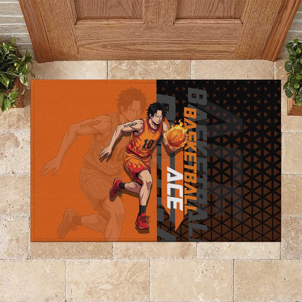 Portgas D Ace One Piece Basketball Theme Orange and Black Design Rubber Doormat with Flame Ball and Whitebeard Pirates Emblem - The Mazicc