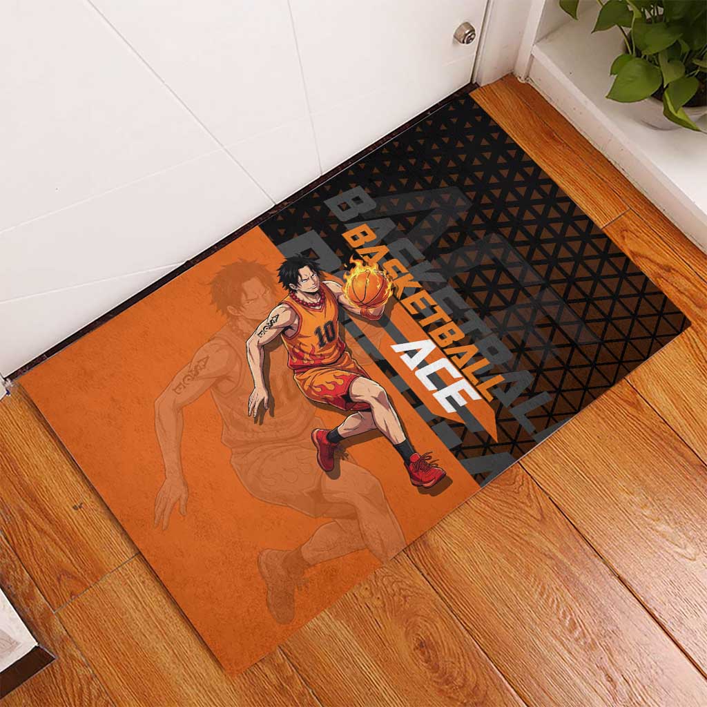 Portgas D Ace One Piece Basketball Theme Orange and Black Design Rubber Doormat with Flame Ball and Whitebeard Pirates Emblem - The Mazicc