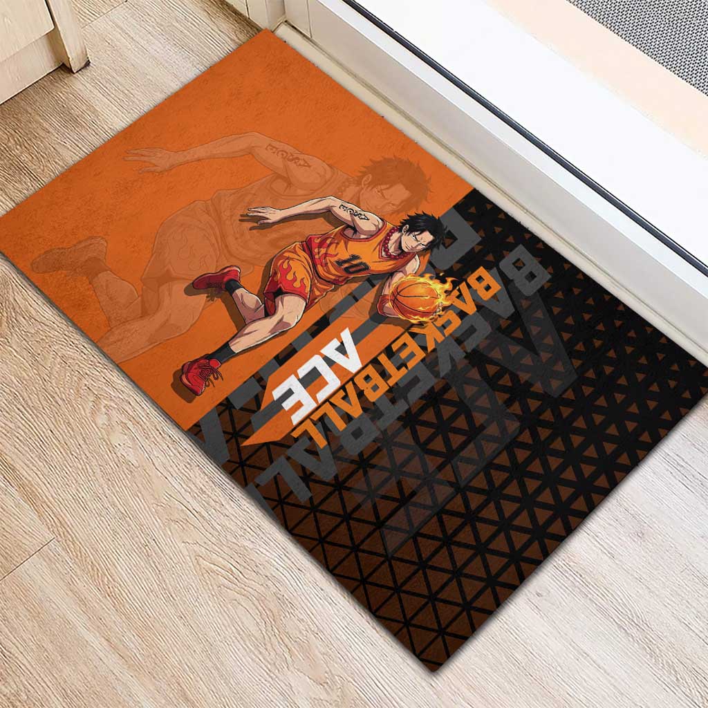 Portgas D Ace One Piece Basketball Theme Orange and Black Design Rubber Doormat with Flame Ball and Whitebeard Pirates Emblem - The Mazicc