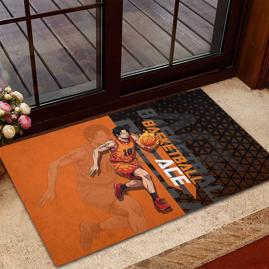 Portgas D Ace One Piece Basketball Theme Orange and Black Design Rubber Doormat with Flame Ball and Whitebeard Pirates Emblem - The Mazicc